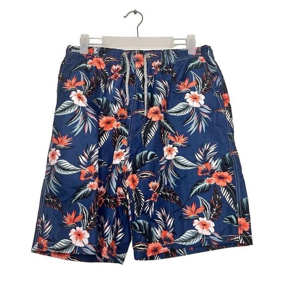 Aloha Elastic Waist Drawstring Floral Hawaiian Swim Board Shorts Blue Medium - Picture 1 of 3